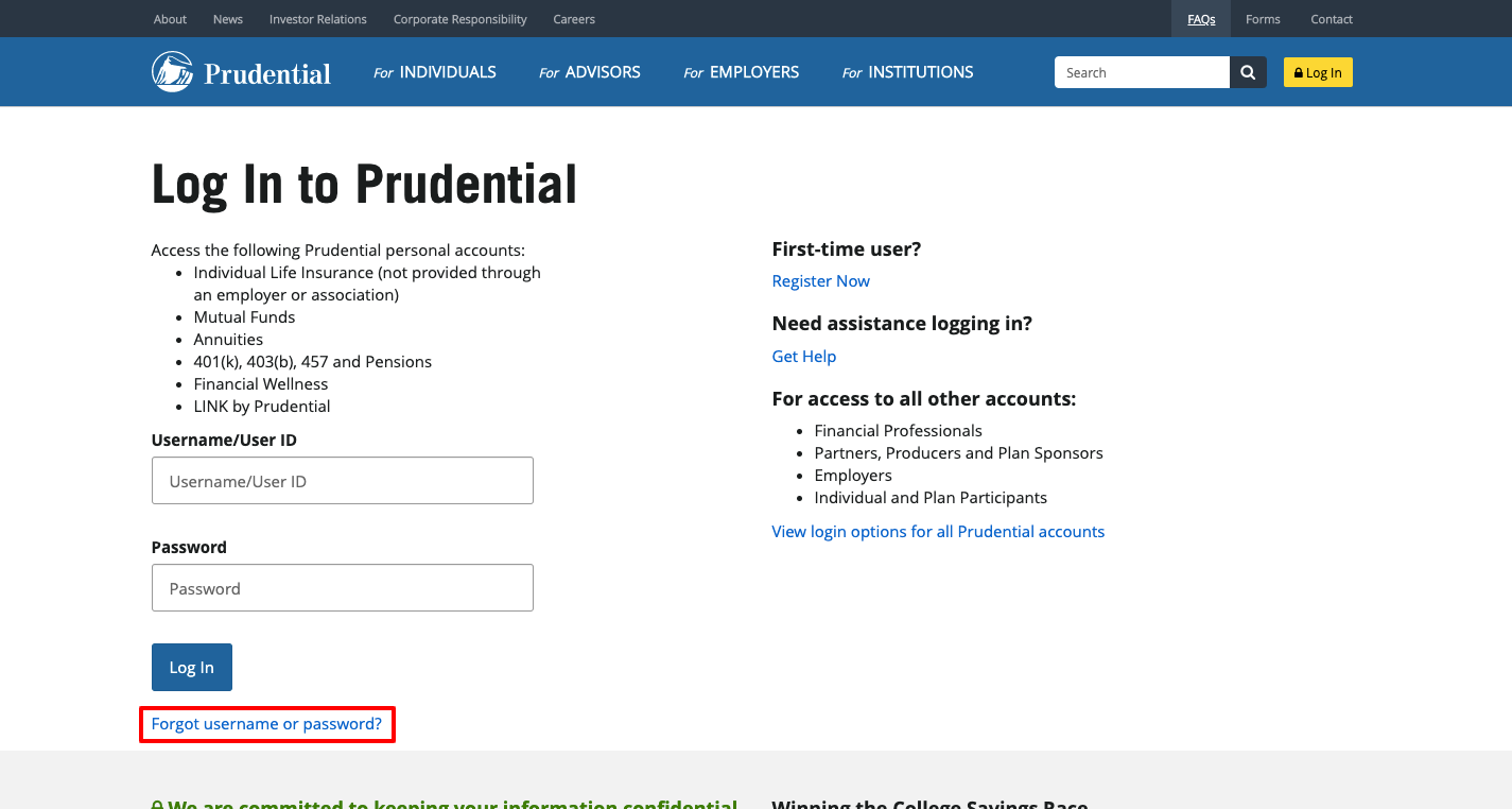 prudential reset password
